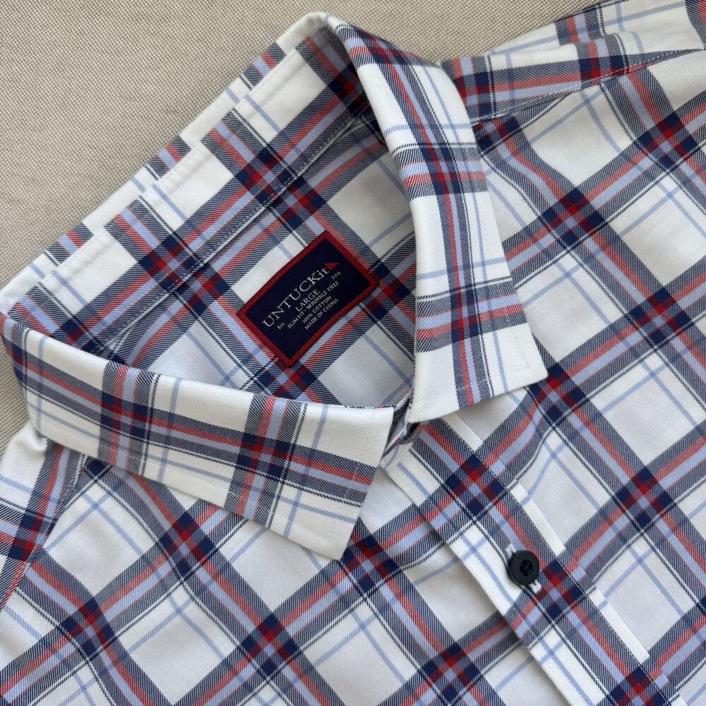 UNTUCKit Men’s White Plaid Button-Down Shirt with Blue and Red Stripes